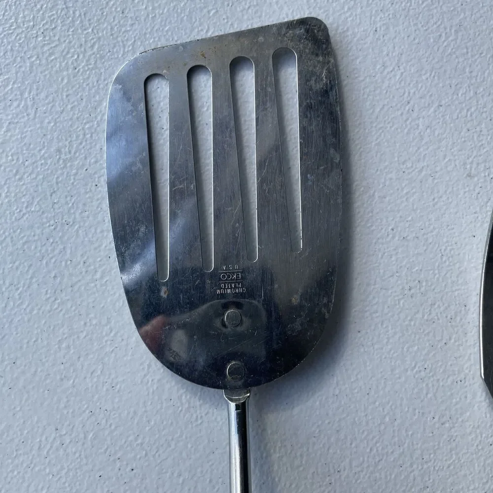 Vintage Ekco Slotted Spatula Turner Carving Fork Stainless Steel Wood USA Made